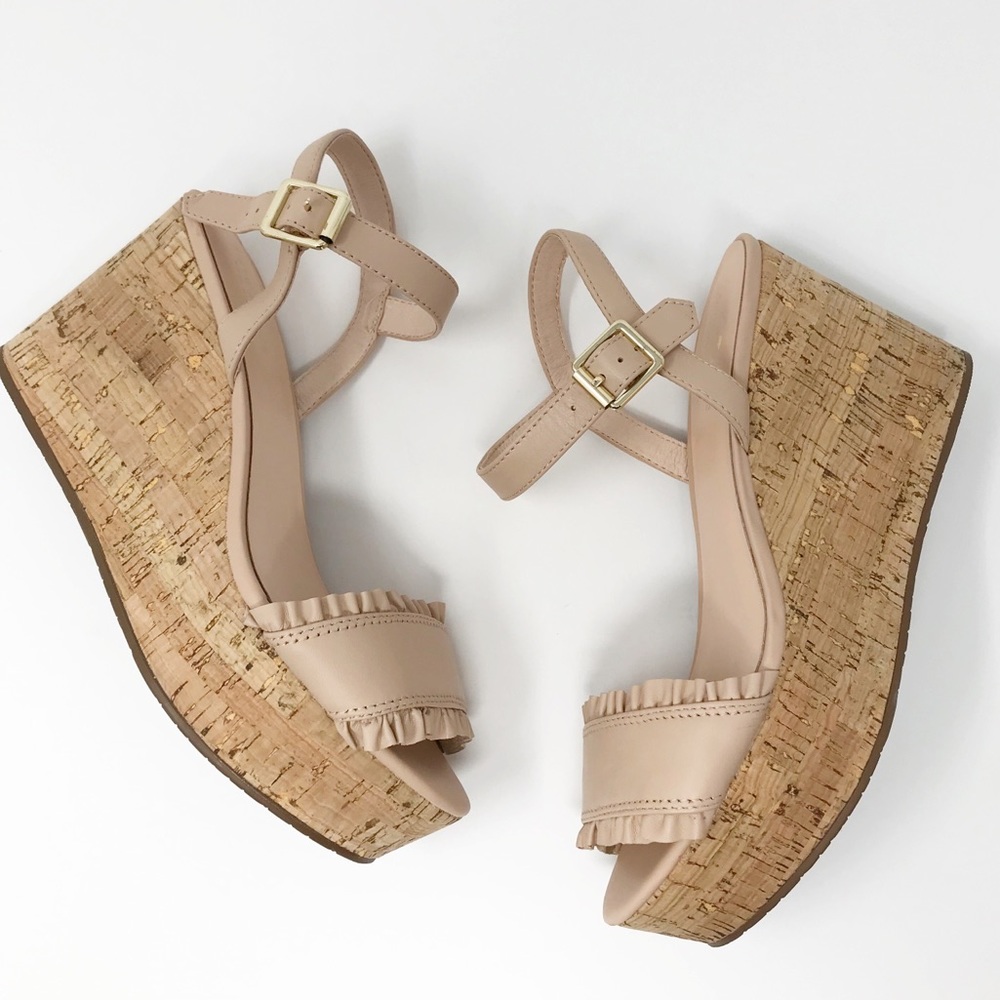 Kate Spade ♠️ Tomas Cork Ruffle Nude Wedge Sandals